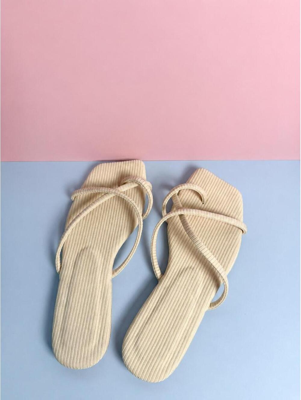 Cream corduroy square toe sandals